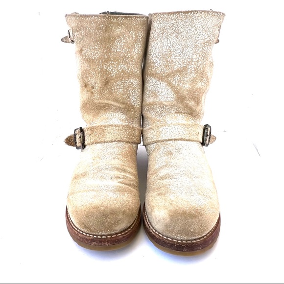 Distressed Frye Engineer Combat Boots Buckle Strap Calf Height Size 10 Cream Tan - Picture 10 of 12